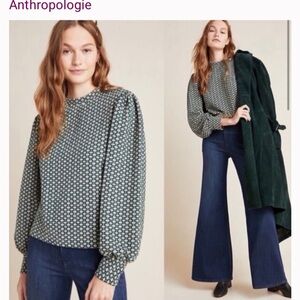 Anthropologie Blue-Green and cream Geometric top